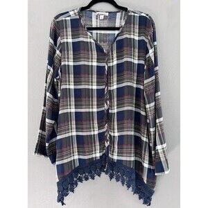 cb established 1962 Top Blouse Plaid w/ Lace Button Front Tabbed Sleeves XL